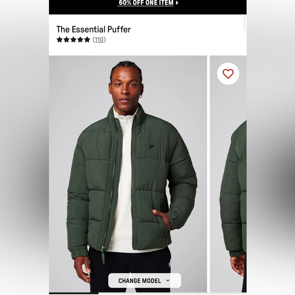 New Fabletics Men’s The Essential Puffer Jacket Pine Shadow Green Coat XXL